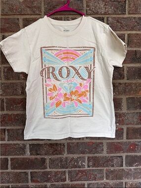 ROXY Floral Graphic Tee Cream Beige XS Surf Beachy Retro Boho Cotton T-Shirt⁠